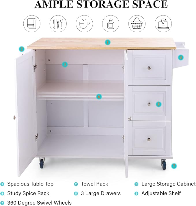 PHI VILLA Kitchen Island on Wheels Portable Kitchen Cart with Drop Leaf, Rolling Kitchen Island with Storage