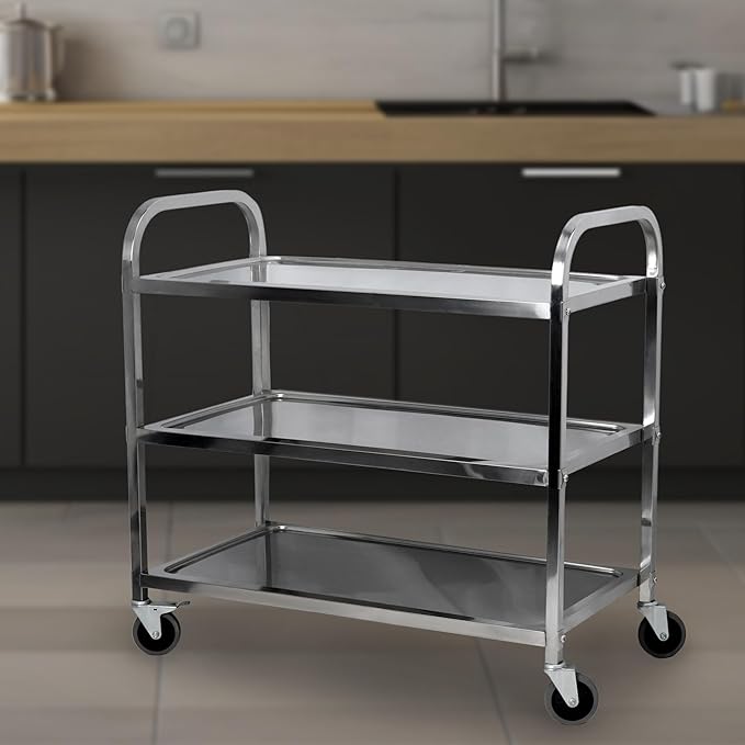uyoyous 3 Tier Stainless Steel Utility Cart 37"x20"x37" Commercial Heavy Duty Rolling Cart Food Storage Service Trolley with 360°Rotatable Wheels for Kitchen Hotel Restaurant Home Use