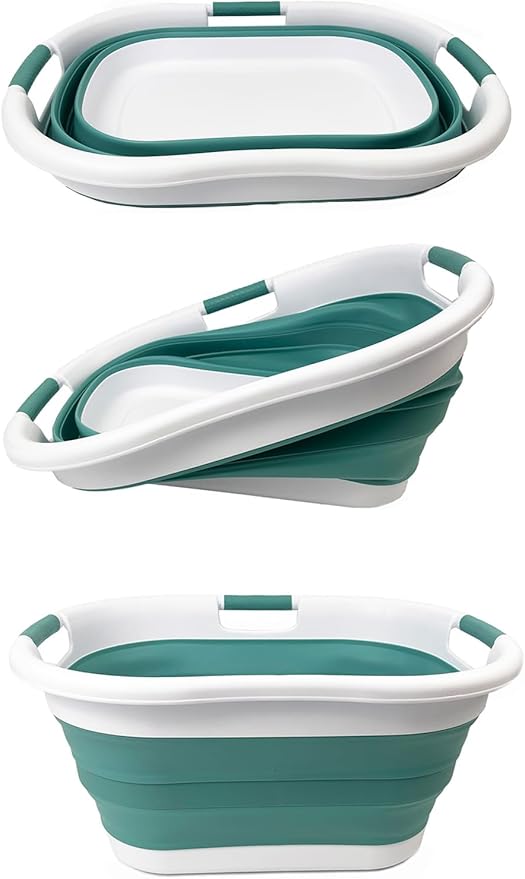 SAMMART 40L (10.5 gallon) Collapsible Plastic Laundry Basket - Foldable Storage Container- Portable Washing Tub - Space Saving Hamper (1, White/Celadon Green)