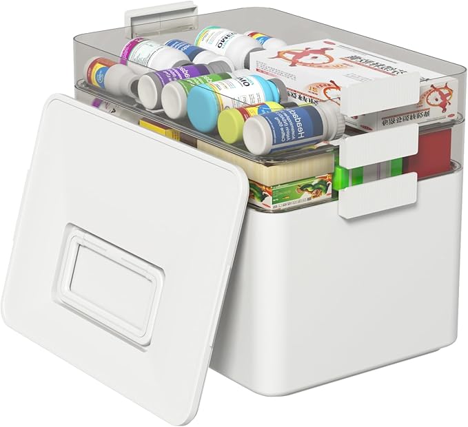 Xyskin 3 Tier Medicine Organizer, Multipurpose Medical Box with Removable Tray, Empty First Aid Kit for Home(White)