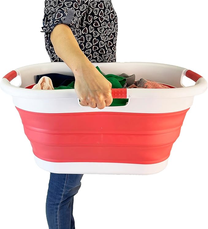 SAMMART 40L (10.5 gallon) Collapsible Plastic Laundry Basket - Foldable Storage Container- Portable Washing Tub - Space Saving Hamper (1, White/Coral Pink)