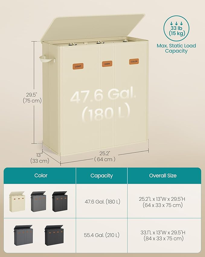 SONGMICS 47.6 Gallon (180 L) Laundry Hamper, 3-Compartment Laundry Basket Sorter with Lid, Labels, Removable Liner Bags, for Bedroom, Cream White URLH013W01