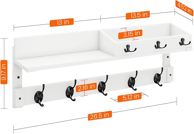 Homode Coat Rack Wall Mount with Hooks and Mail Holder, Entryway Floating Shelf with Key Hooks, Hanging Coat Hanger for Entry, Bathroom, Hallway, Bedroom, White