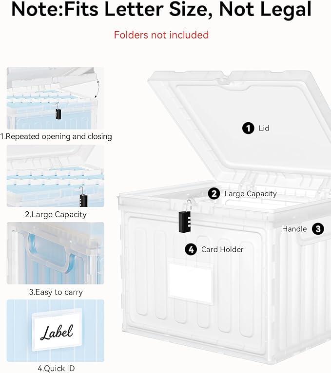 Oterri Plastic File Box with Lid for Letter Size File Folders, Hanging File Folder Box Collapsible File Organizer, File Cabinet Document Organization Home, Office (Clear, Large-2 Pack Without Folders)