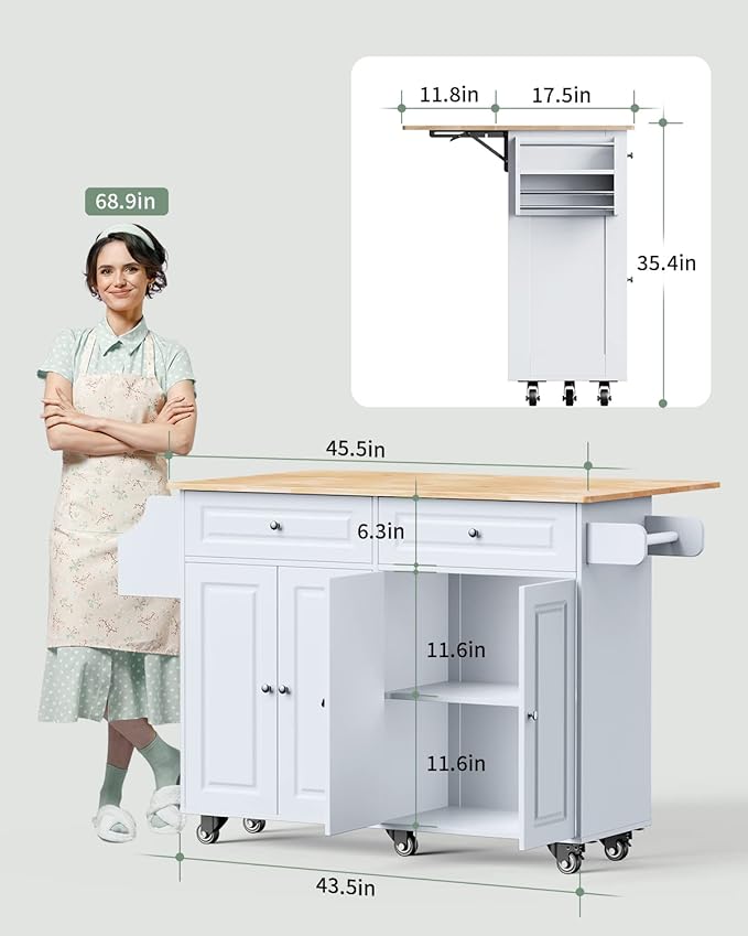 Kitchen Island on Wheels Kitchen Cart with Rubber Wood Top, Mobile Kitchen Island with Double Storage Cabinet and Drawers, Island Table for Kitchen (White)