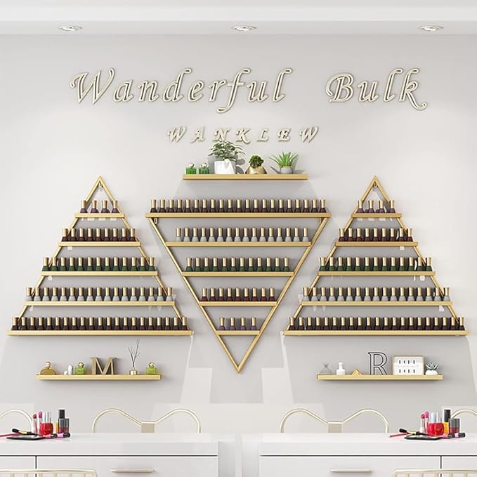 Wall Mounted Shelf Nail Polish Bottle Display Rack, Triangular Essential Oil Perfume Storage Rack, Multifunctional Hanging Salon/Beauty/Nail Shop Organizer Perfume Holder(Size:1,Color:Gold)