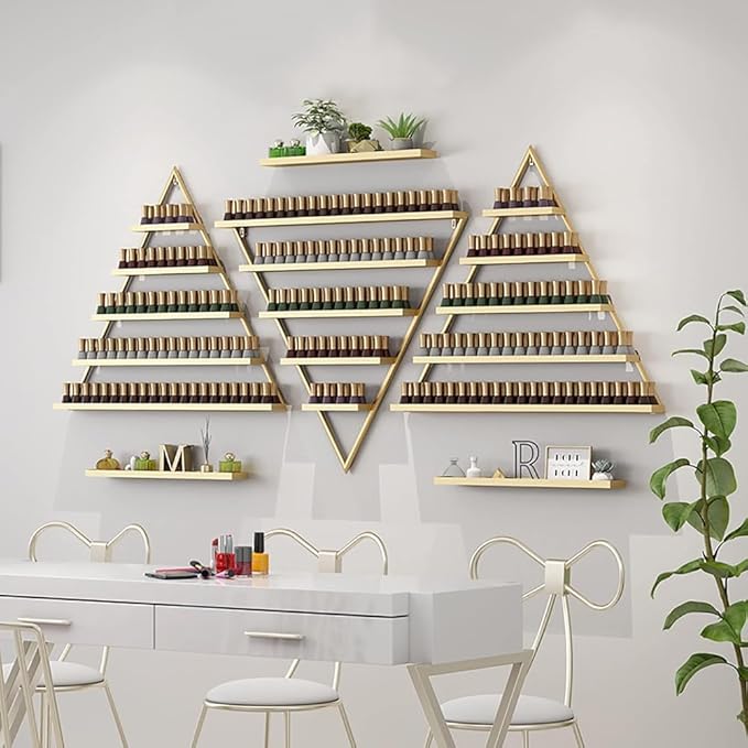 Wall Mounted Shelf Nail Polish Bottle Display Rack, Triangular Essential Oil Perfume Storage Rack, Multifunctional Hanging Salon/Beauty/Nail Shop Organizer Perfume Holder(Size:10,Color:Gold)