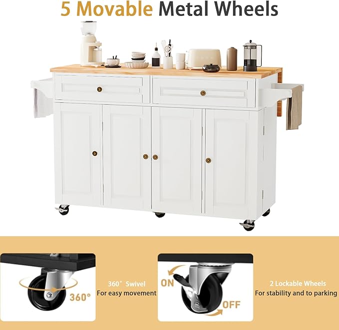59’’ Rolling Kitchen Island Cart with Drop Leaf and Power Outlet, Movable Kitchen Islands with 3-Tier Door Storage Shelf, Island Table on Wheels, 2 Large Drawers, Towel Racks, White