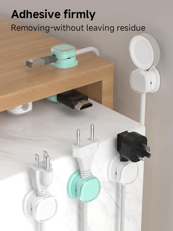 Magnetic Cable Clips, Adjustable Cord Holder Management, Adhesive Wire Keeper Organizer for Home Office Desk Phone PC Car Wall Desktop Nightstand Appliance (9-PCS White & Cyan)