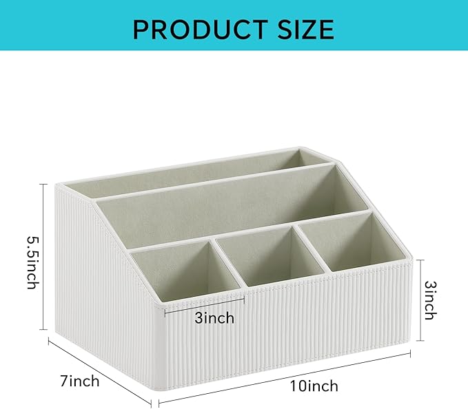 Remote Control Holder with 5 Compartments for Office Art Supplies, PU Leather Nightstand Organizer Pencil Pen Desk Caddy for Home, Desktop TV Remote Control Organizer Storage (Striped Ivory)