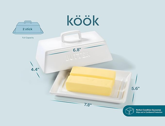 Kook Ceramic Extra Large Butter Dish with Lid, Holds 2 Sticks, Fits East Coast , West Coast, European style and Kerrygold butter, Kitchen Countertop Butter Keeper, Serving Tray with Cover, White