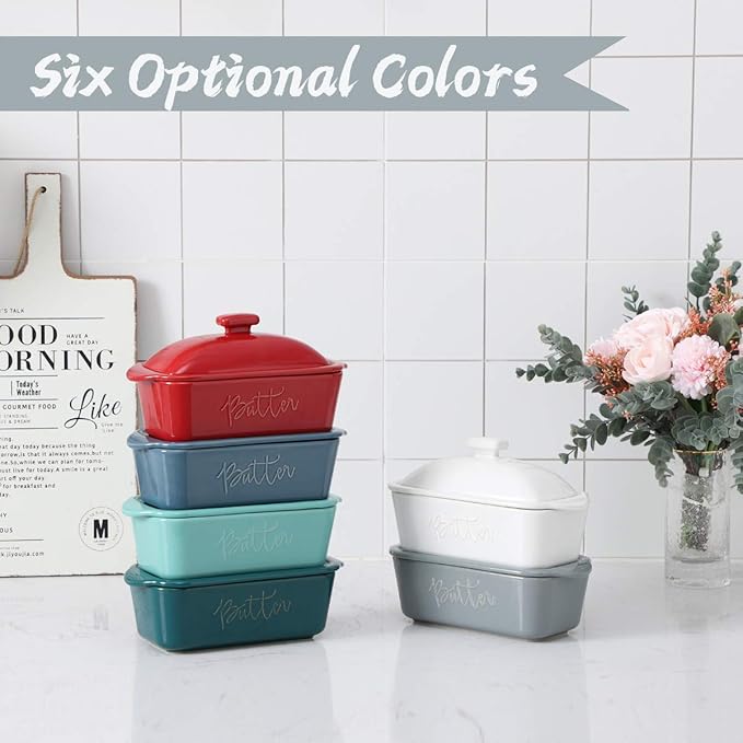 FE Butter Dish, 10 oz Ceramic Butter Keeper with Water Line, French Butter Dish with Lid for Countertop (Blue)