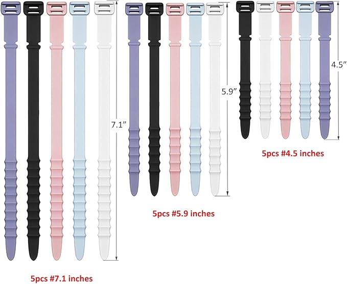 Silicone Zip Ties, Reusable Zip Ties, Rubber Cable Ties Straps for Wire Management, Elastic Silicone Ties Cable Organizer for Home Office, Cord Ties Three Sizes 4.5" 5.9" and 7.1"(5+5+5Pcs Multicolor)
