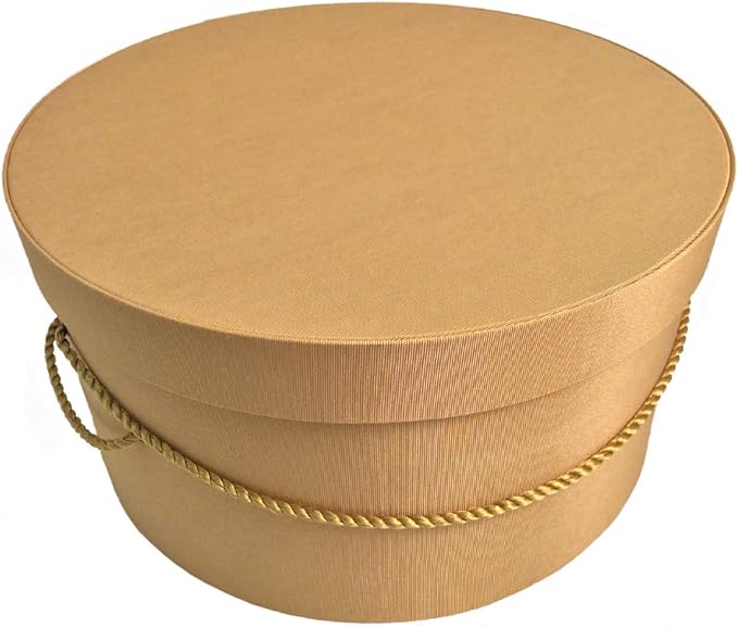 Sarah's Hat Boxes Classic Gold Hat Box โ 18.5" x 9.5" (Dia. x Ht.) Handmade in USA โ Odorless Non-Toxic Adhesive, Cording Handle โ Premium Storage for Hats & Accessories
