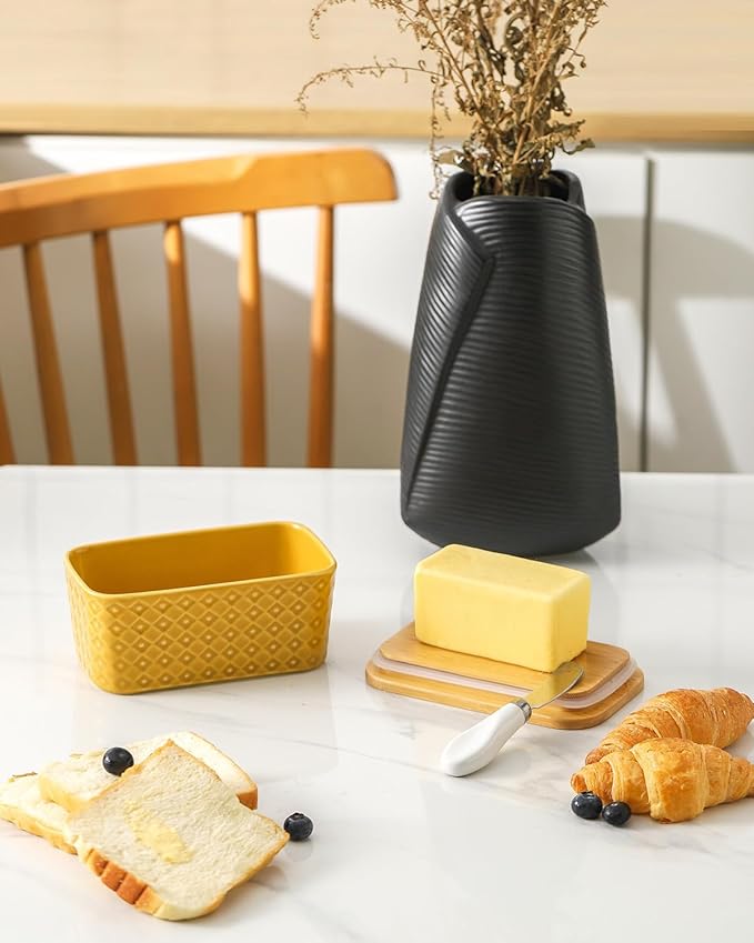 Hasense Ceramic Butter Dish with Sealing Lid, Large Yellow Butter Container for Countertop Airtight Butter Stick Covered Keeper Storage,Embossed Pattern,Easy Clean Dishwasher Safe