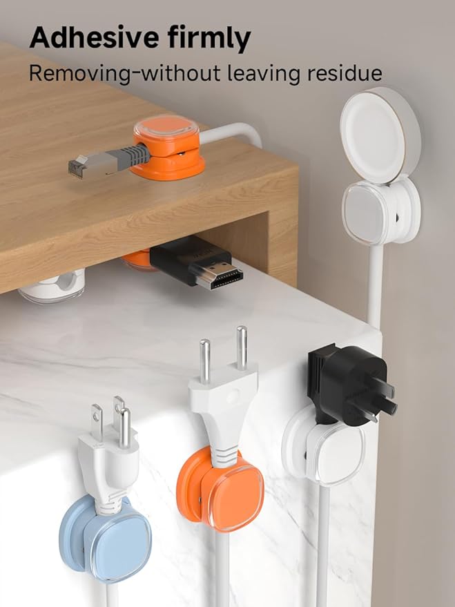 Magnetic Cable Clips, Adjustable Cord Holder Management, Adhesive Wire Keeper Organizer for Home Office Desk Phone PC Car Wall Desktop Nightstand Appliance (9-PCS White_Orange_Blue)