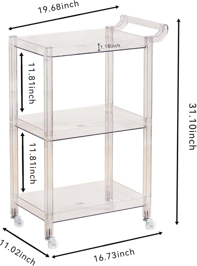 Acrylic Utility Rolling Cart, 3-Tier Clear Acrylic Storage Cart with Pulling Handle & 4 Wheels for Kitchen Living Room Dining Bathroom Laundry, Multifunction Serving Trolley for Small Spaces (Gray)