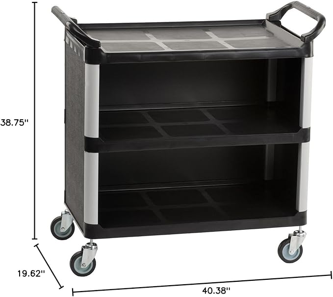 3-Shelf Utility Cart with Swivel Wheels, Enclosed Design with 2 Side Handles, Plastic and Aluminum (Black)