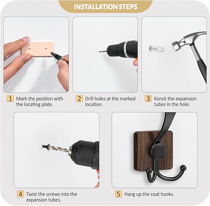 VIS'V Wooden 3 Prong Coat Hooks, Wall Mount, Heavy Duty, Brown, 4 Pcs