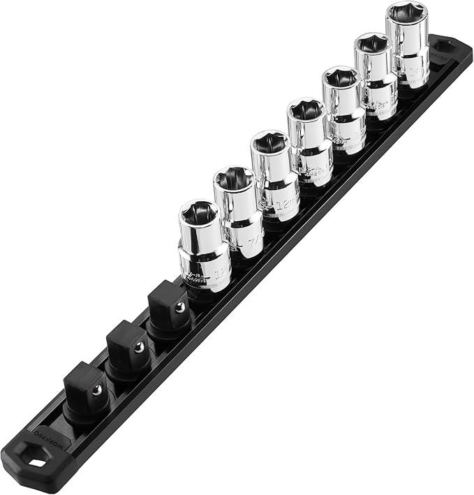 WORKPRO Magnetic Socket Organizer, 1/2-Inch Drive Aluminum Alloy Socket Rail, Heavy Duty Socket Holder, Socket Rack Kit 1/2-Inch x 10 Clips Black (Socket not Included)