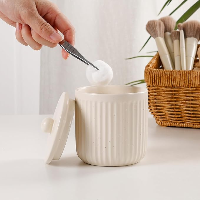 BosilunLife Bathroom Accessories Set - Ceramic Bathroom Set Bathroom Decor Sets Bathroom Counter Lotion Soap Dispenser and Toothbrush Holder Set, Soap Dish, Apothecary Jar (Striped Apricot)