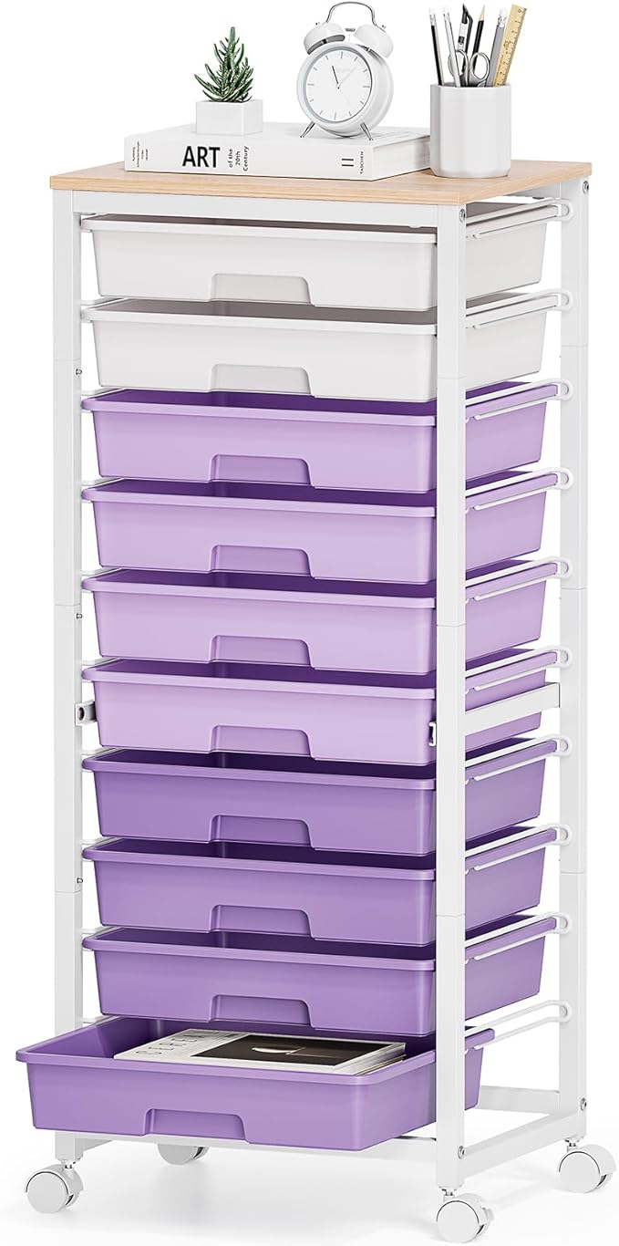 Rolling Cart with Drawers,10 Drawer Rolling Cart,Storage Cart with Wheels,Utility Cart with Drawers,Teacher Cart for Classroom Storage,Craft Cart with Wheels and Wooden Tabletop,Purple