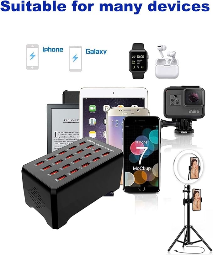 100W 20-Port Multi-Device USB Charging Station - Supports simultaneous Charging for Smartphones, Tablets, smartwatches and Other USB-Powered Devices.(20-Port Charging Station - Black)