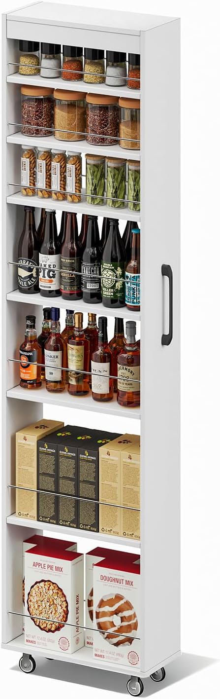 70" Tall Wooden Slim Storage Cart, 7 Tier Kitchen Rolling Cart with Handle & Wheels, 7.9" W Narrow Bathroom Utility Cart for Small Spaces Kitchen Laundry Narrow Places, White