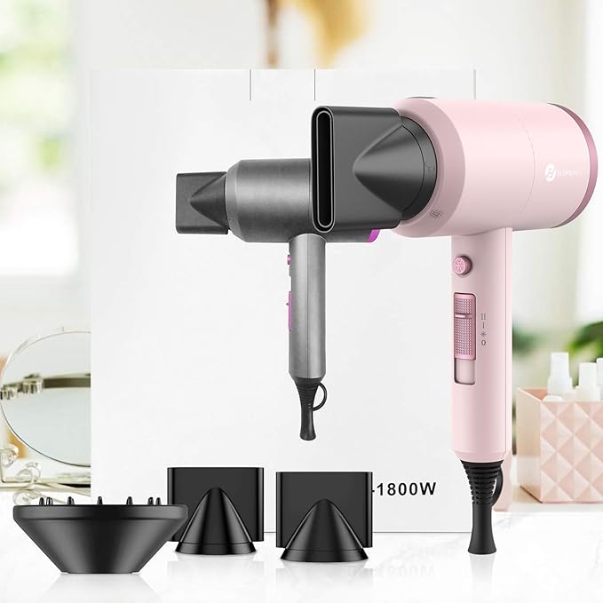 Slopehill Professional Ionic Hair Dryer, Powerful 1800W Fast Drying Low Noise Blow Dryer with 2 Concentrator Nozzle 1 Diffuser Attachments for Home Salon Travel (Pottery Pink and Rose Gold)