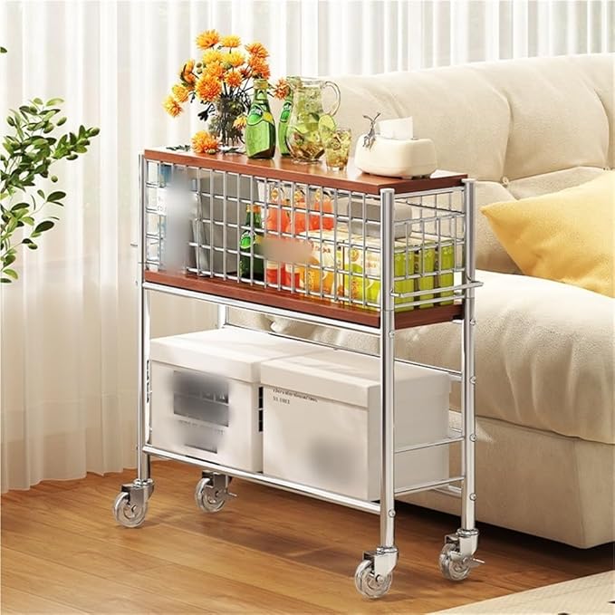 Slim Storage Cart with Wheels, 2 Tier Rolling Cart with Solid Wood Open Shelf, Space-Saving Snack Cart, Utility Cart for Kitchen, Bathroom, Living Room