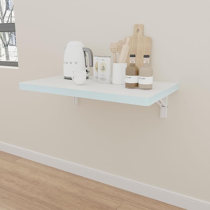 IAE Wall Mounted Folding Table with Pine Wood,24" x 14" Floating Wall Desk,Laundry Folding Table with Shelf Bracket,Fold Down Desk Shelf,Folding Workbench for Home,Dining, Laundry Room,Kitchen,White