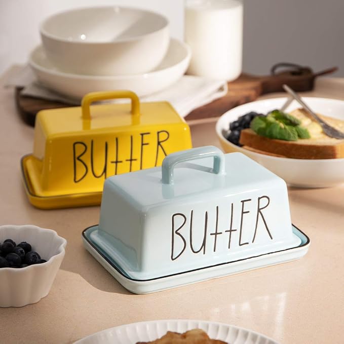 Sweejar Ceramic Butter Dish with Handle Lid, 7.3 Inch Porcelain Large Butter Keeper with Cover, Perfect for East/West Butter (Turquoise)