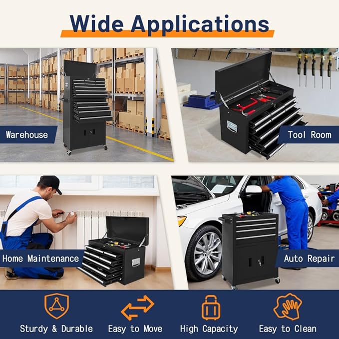 13-Drawer Double Door Rolling Tool Chest, 2 in 1 Detachable Tool Chest,Tool Box with Drawers and Wheels, Large Tool Cabinet with Lock, Metal Standing Toolbox for Garage Workshop-Black