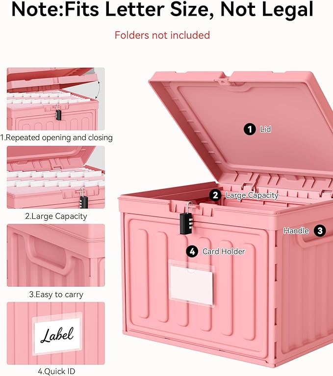 Oterri Plastic File Box with Lid for Letter Size File Folders, Hanging File Folder Box Collapsible File Organizer, File Cabinet Document Organization Home, Office (Pink, Large-2 Pack Without Folders)