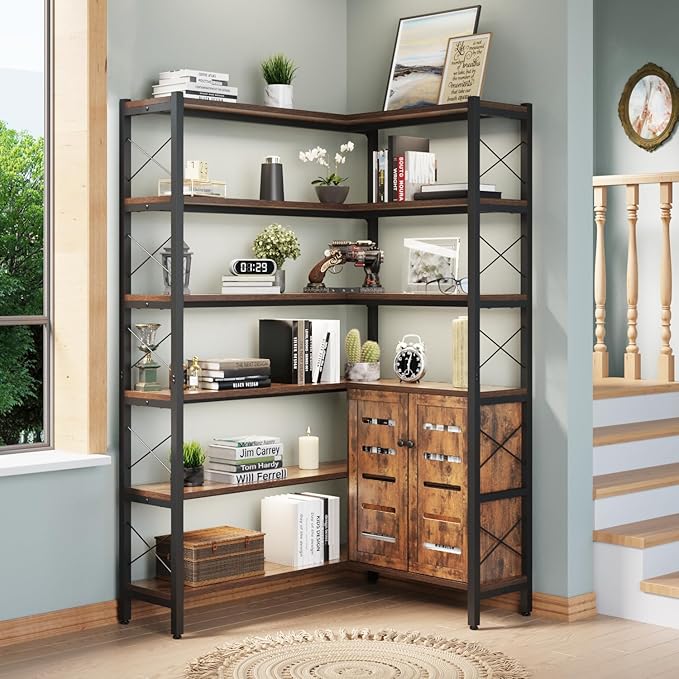 6-Shelf Corner Bookshelf, Vintage Industrial Corner Shelf Etagere Bookcase, Large Book Shelf with Metal Frame Open Storage Corner Cabinet (Brown-Lockers)