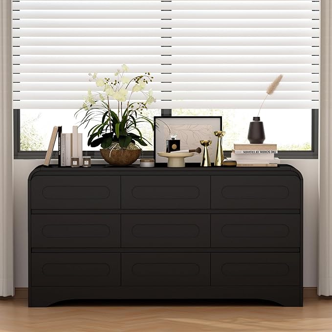 Dresser for Bedroom with 9 Drawers, 63" Large Modern Dressers & Chest of Drawers with Curved Profile Design, Wood Closet Clothes Storage Long Dressers Organizer for Bedroom Living Room Hallway, Black