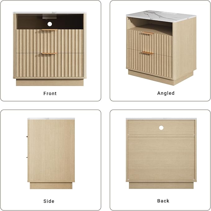 Large Fluted Night Stand Set of 2 with Charging Station, 23" Modern End Table with Faux Marble Top, 2 Drawers Nightstand with Storage for Bedroom Living Room, Curved Profile (Natural Oak)
