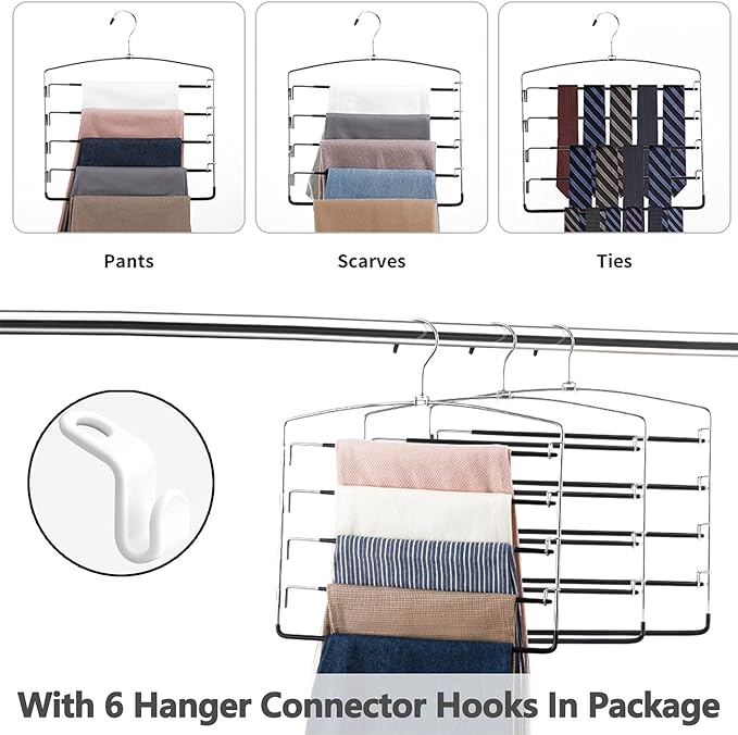 FeeraHozer Pants Hangers Non Slip 6 Pack Space Saving Hangers Multi-Layer Swing Arm Pants Hanger Stainless Steel Space Saver Hanger for Jeans Scarf Trouser Towel Clothes (Black)