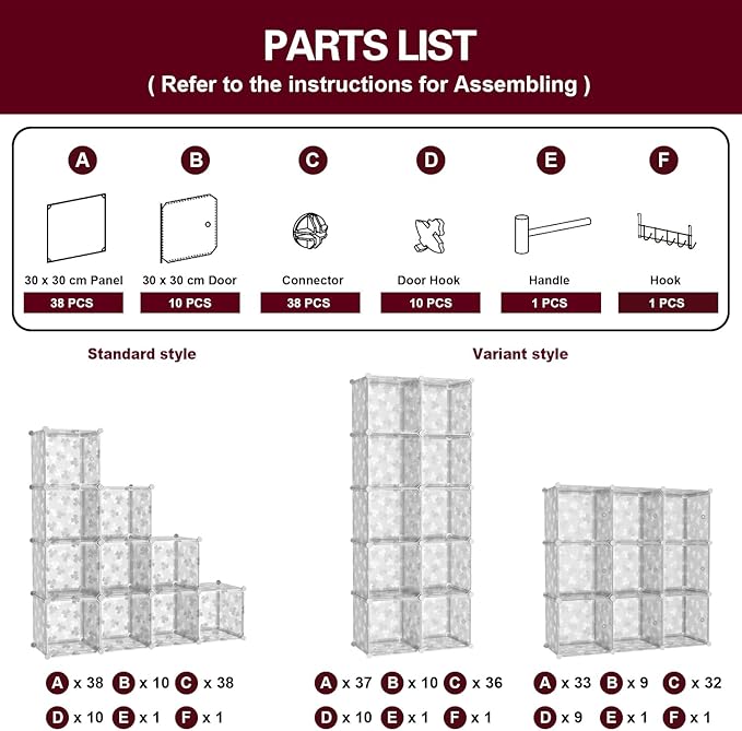 C&AHOME Cube Storage Organizer with Doors, 10-Cube Shelves, DIY Plastic Modular Bookshelf, Closet Clothes Storage Shelving Ideal for Bedroom, Living Room, Clover Embossed, White