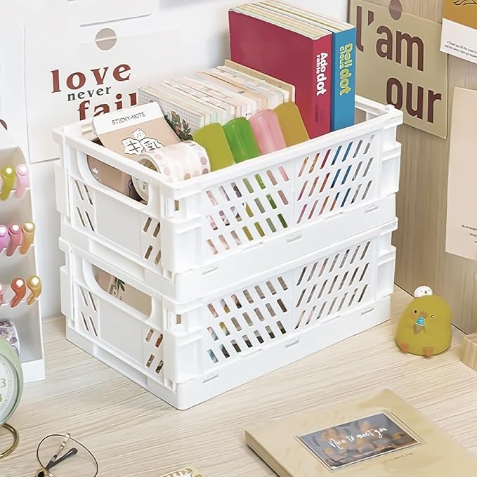 Pastel Plastic Storage Baskets 2 Pack, Collapsible Crates for Organizing, Space-Saving Bins for Kitchen, Office, Bedroom (Purple, Medium:9.8" x 6.5" x 3.8")