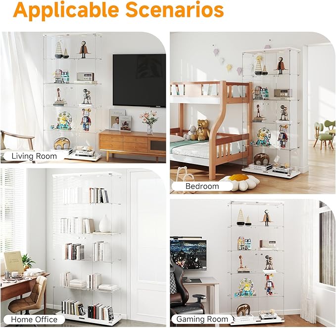 5-Tier Tempered Glass Display Cabinet with Lights, Curio Cabinet with Glass Doors and Lock, Glass Display Case for Collectibles, for Living Room Bedroom Office, Double Door, White