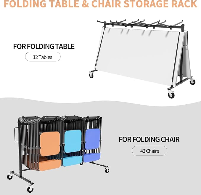 Folding Chair Rack with Wheels, Heavy Duty Steel Chair Cart for 42 Chairs or 12 Tables, Folding Chair Racks for Storage Dolly, Large Chair Holder W/Elastic Cords,Dust Cover (Single Layer)