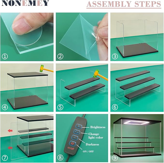 NONEMEY Clear Acrylic Display Case Stand with Led Light 2/3/4/5/6 Tier Storage Box Showcase Dustproof Organizer Box for Collectibles (3Tier 12.4*7*9inch)