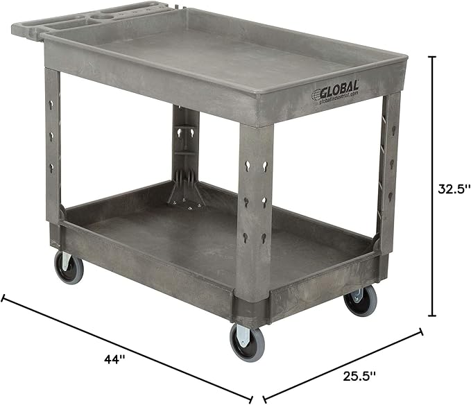Global Industrial Plastic 2 Tray Shelf Service & Utility Cart, 44” x 25-1/2”, 5" Rubber Casters