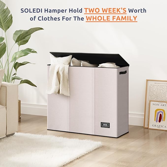 SOLEDI 180L 3-Section Laundry Hamper with Lid, Extra Large Dirty Clothes Basket with Sturdy Handles for Laundry Room & Bedroom - Durable Organizer for Sorting Laundry