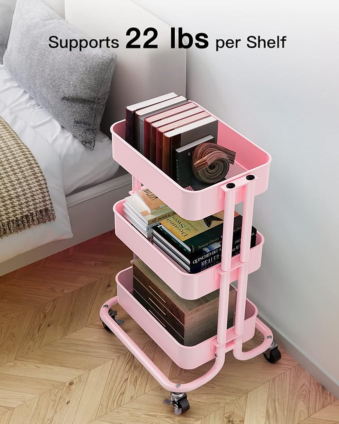 Pipishell 3-Tier Metal Rolling Utility Cart, Heavy-Duty Storage Cart with 2 Lockable Wheels, Multifunctional Mesh Organization Cart for Kitchen Dining Room Living Room (Pink)