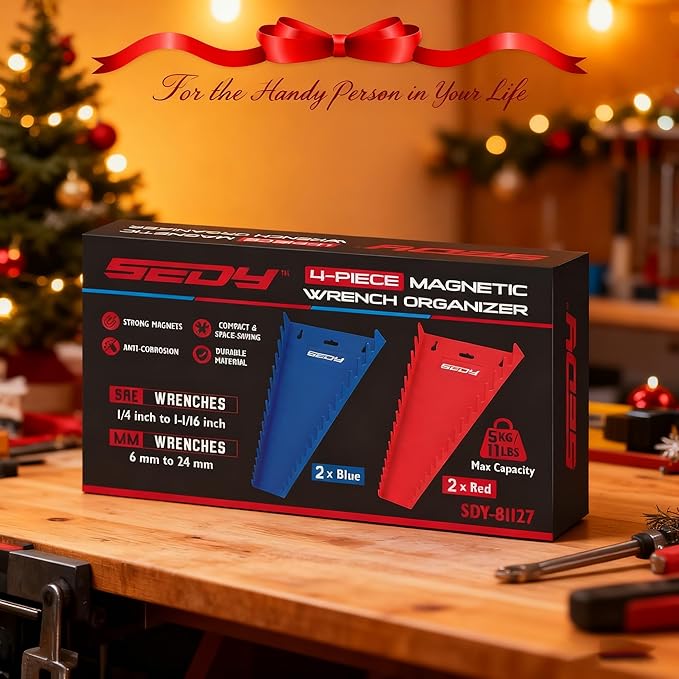 4-Pack Magnetic Wrench Organizer, 64-Slot Premium Wrench Rack Holder Tool Trays for Toolboxes Drawer Storage, SAE (1/4" - 1-1/16") & Metric (6mm - 24mm)