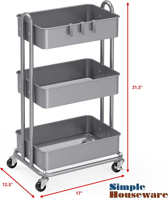 Simple Houseware 3-Tier Heavy Duty Metal Utility Rolling Cart, Silver