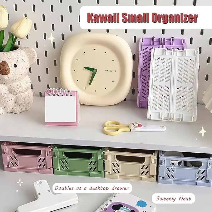 Small Pastel Plastic Storage Bins 2Pcs Foldable Pastel Crates Plastic Basket Colorful Storage Containers Baskets for Classroom Kitchen Office Bedroom Desktop Home Decor (Blue 5.8" x 3.8" x 2.2")