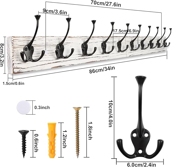 IBosins 34'' Coat Rack Wall Mount with 10 Tri-Hooks, Heavy Duty, Vintage White Color Wood Coat Hanger, Rustic Coat Hooks Rail for Entryway Living Room Coat Scarf Bag Towel Hat